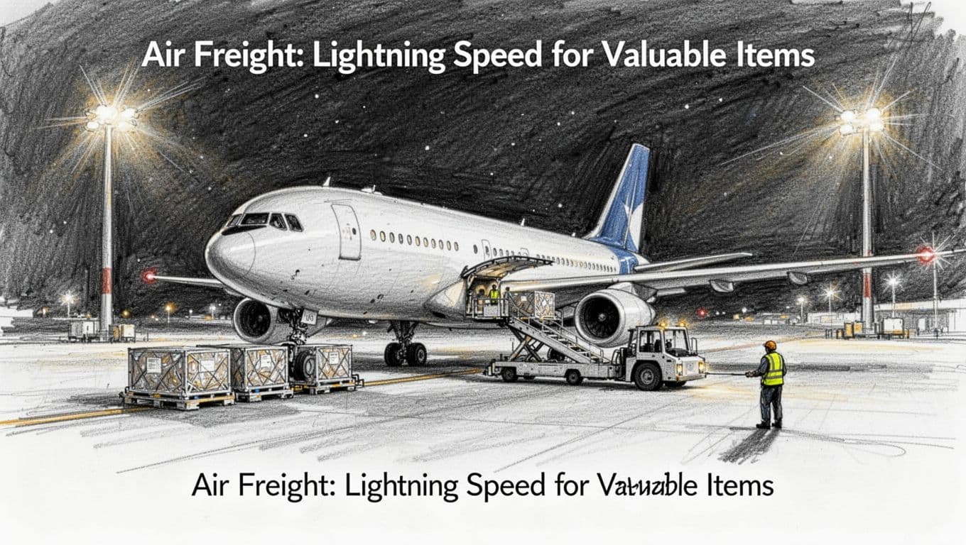 Hand-drawn sketch of a large cargo airplane on an airport runway at night, with one distant worker loading freight pallets using equipment under bright lights, graphite linework and light shading on clean white background.