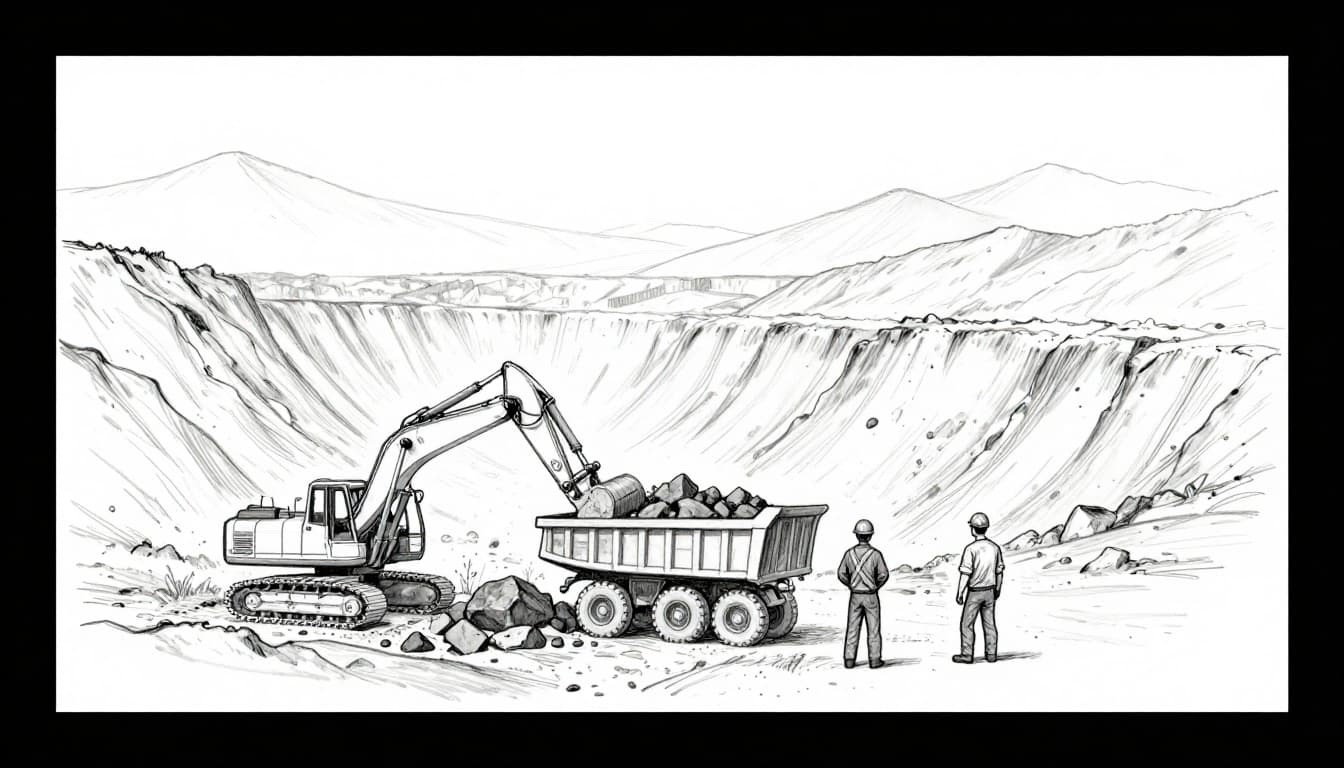 Hand-drawn graphite sketch of an open pit mine with excavator digging iron ore, dump truck loading rocks, and two helmeted workers observing distant mountains on clean white paper.