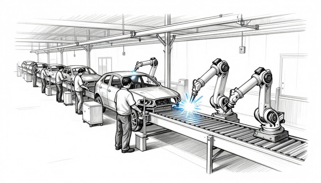Hand-drawn graphite sketch from overhead view showing factory assembly line with three workers and two robot arms welding car frames on conveyor belt.