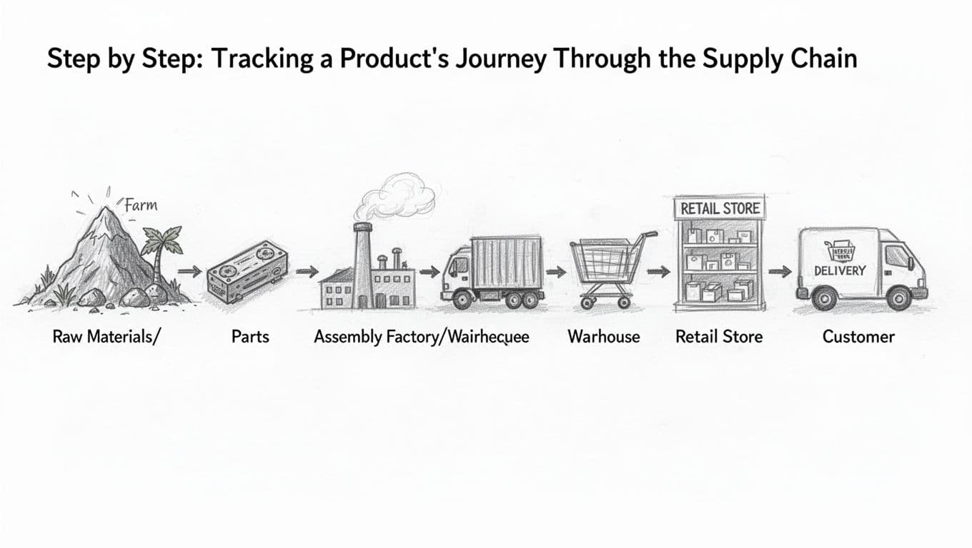 Hand-drawn graphite sketch depicting a product's sequential journey from raw materials mine or farm, to parts, assembly factory, warehouse and truck, retail store shelf, to customer delivery van, using simple icons, arrows, and light shading on white background.