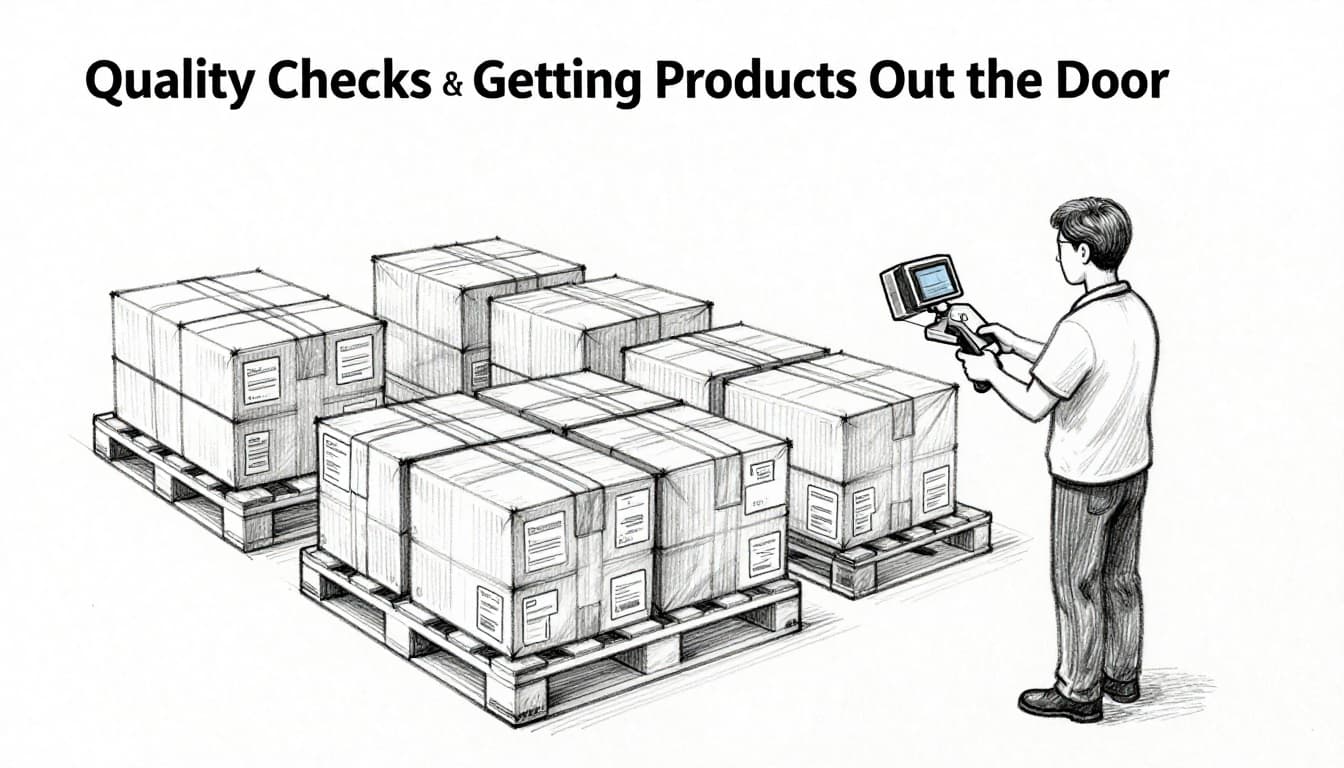 Hand-drawn graphite sketch of a quality inspector using an AI scanner to detect defects on products in a warehouse, with packaged boxes on pallets ready for shipping.
