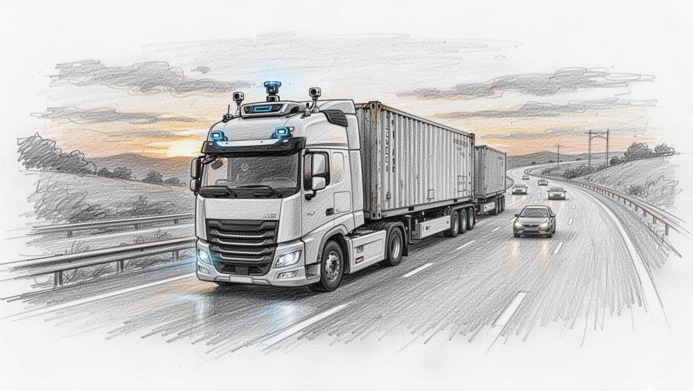Hand-drawn graphite sketch of a self-driving truck hauling containers on a curved highway at dusk, cab empty with sensors visible, distant traffic, and light linework shading on white background.