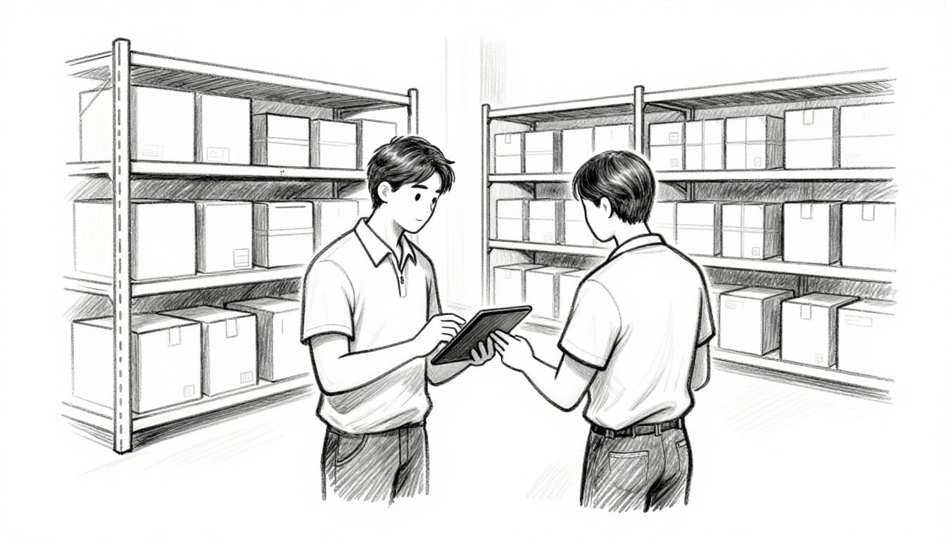 Hand-drawn graphite sketch with light shading on white paper background, showing two relaxed team members in a small business warehouse using a tablet to collaboratively check organized shelves and boxes for inventory review.
