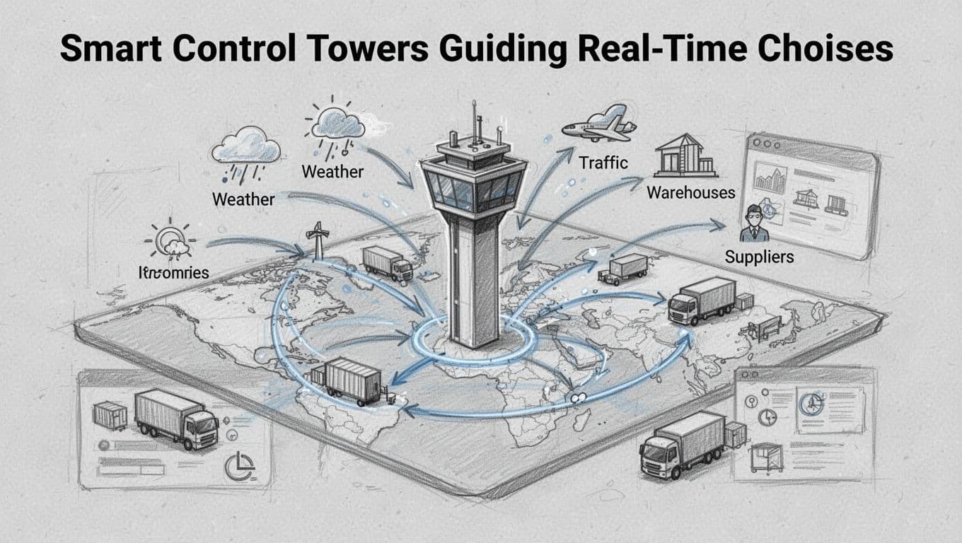 Hand-drawn sketch of a central smart control tower hub with incoming data streams from weather, traffic, warehouses, and suppliers blending into a map displaying optimal shipment routes, in graphite linework with light shading on light gray paper.