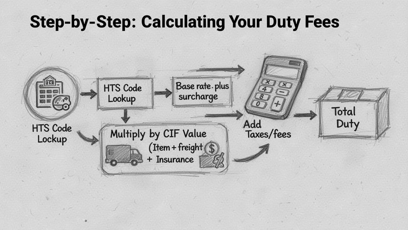 Hand-drawn graphite sketch on light gray paper depicting a simple flowchart for calculating customs duties, from HTS code lookup to total duty, with icons for base rates, CIF value components, and a single calculator.
