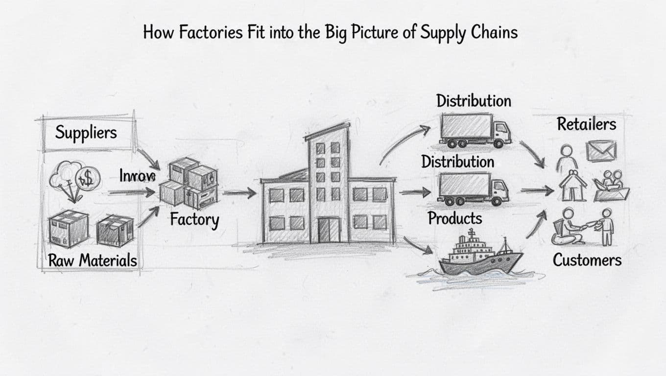 Hand-drawn graphite linework sketch on white paper showing a simple flowchart: suppliers on the left provide raw materials to a central factory that transforms them into products, distributed by trucks and ships to retailers and customers on the right, connected by arrows.