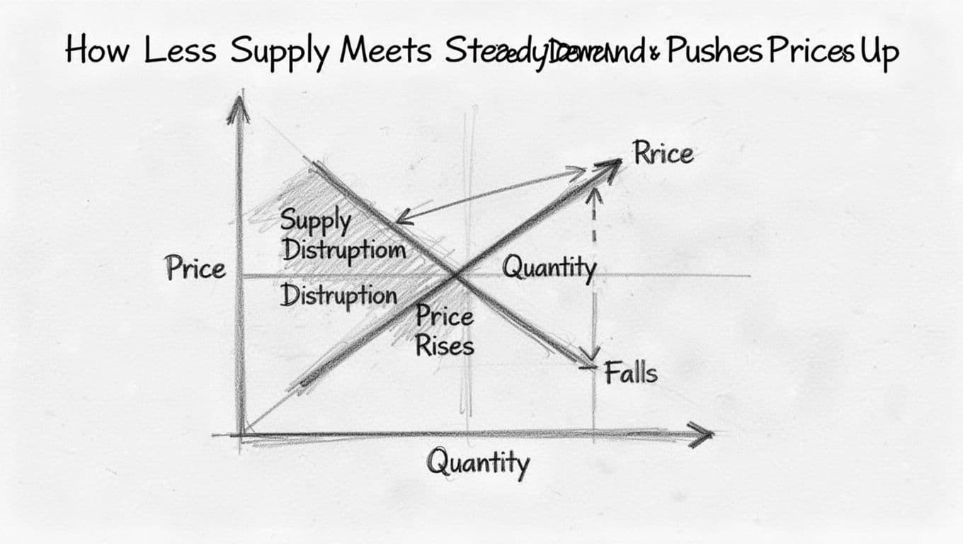 Hand-drawn graphite sketch on white paper showing supply and demand equilibrium, then supply curve shifts left due to disruption, raising price and lowering quantity. Axes labeled Quantity and Price only, clean lines with light shading.