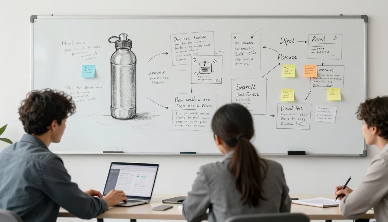 Hand-drawn sketch of four diverse professionals in a modern office collaborating on a product idea: two at a whiteboard sketching a reusable water bottle, one analyzing trend data on a laptop, and one jotting notes on post-its, with a relaxed, collaborative atmosphere.