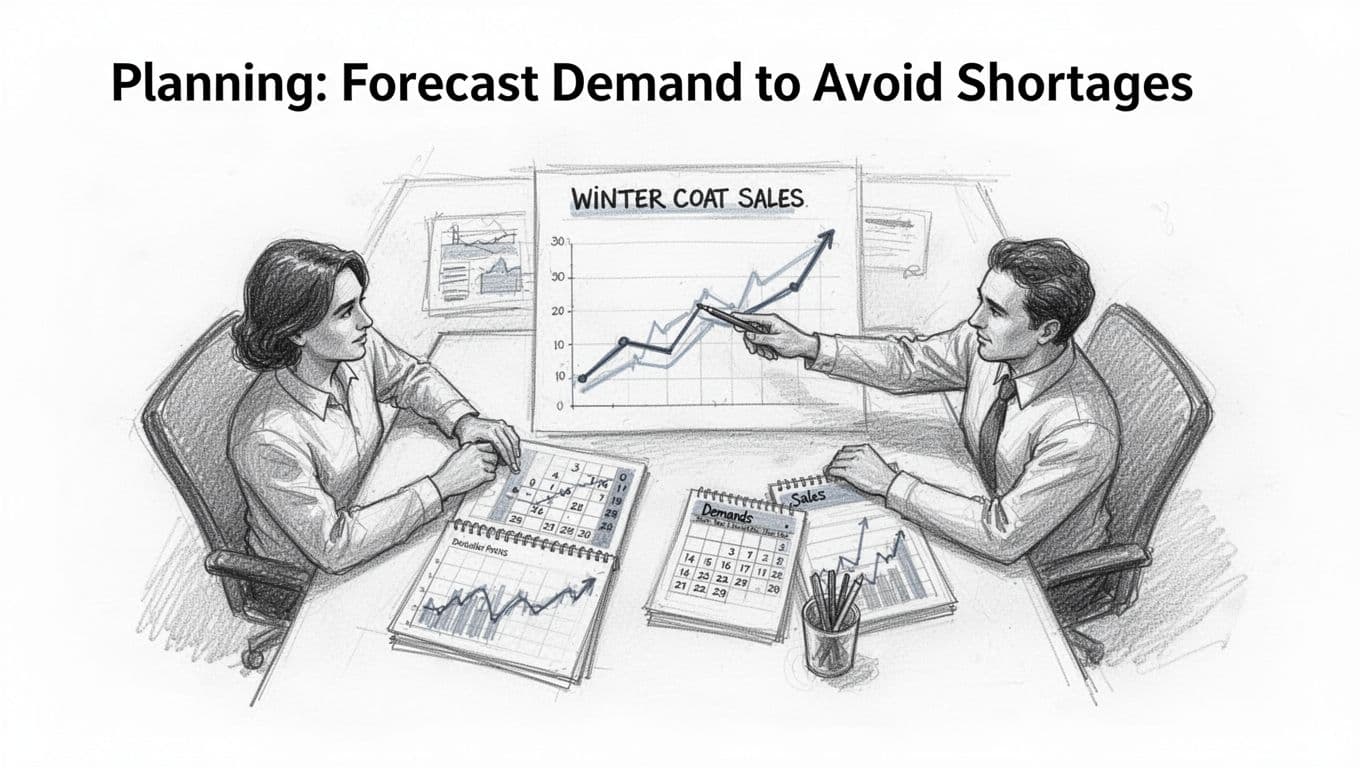 Hand-drawn graphite sketch on white paper: two-person team at a table reviews sales charts and calendars, forecasting demand; one points to graph of rising winter coat sales, top-down view in simple office, consistent linework.