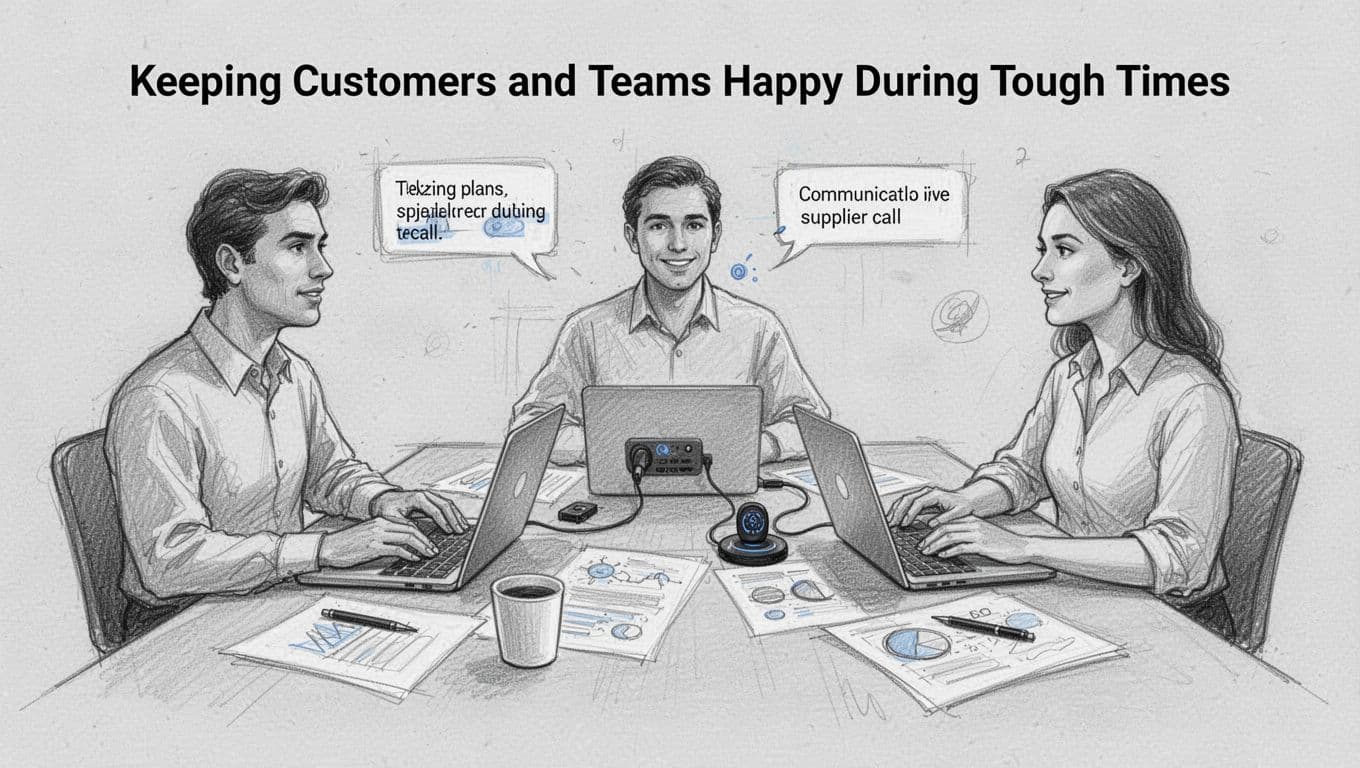 Hand-drawn sketch of a team meeting with laptops and a supplier phone call shown by props on a light paper background.