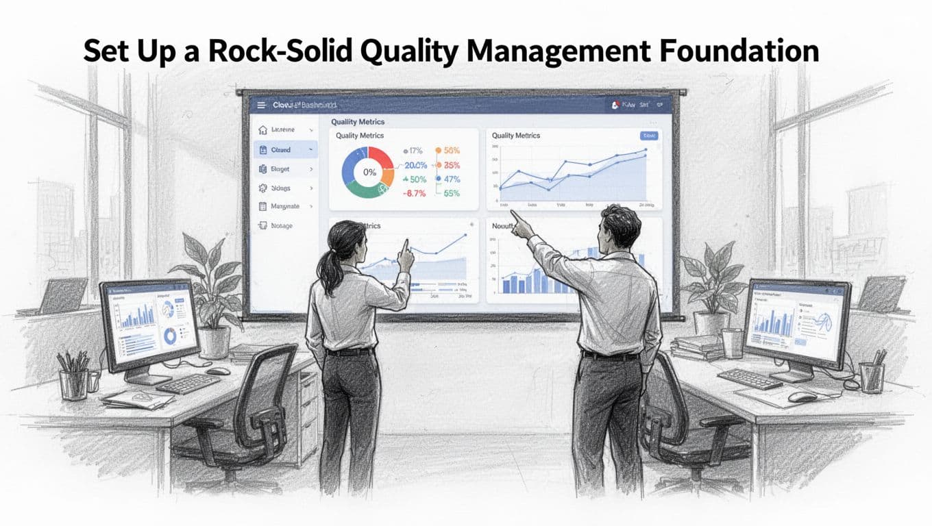 Hand-drawn graphite sketch of two people in a modern office reviewing a real-time dashboard on a large screen displaying quality metrics and charts, one pointing at the screen, simple office with desks and computers on clean white background.