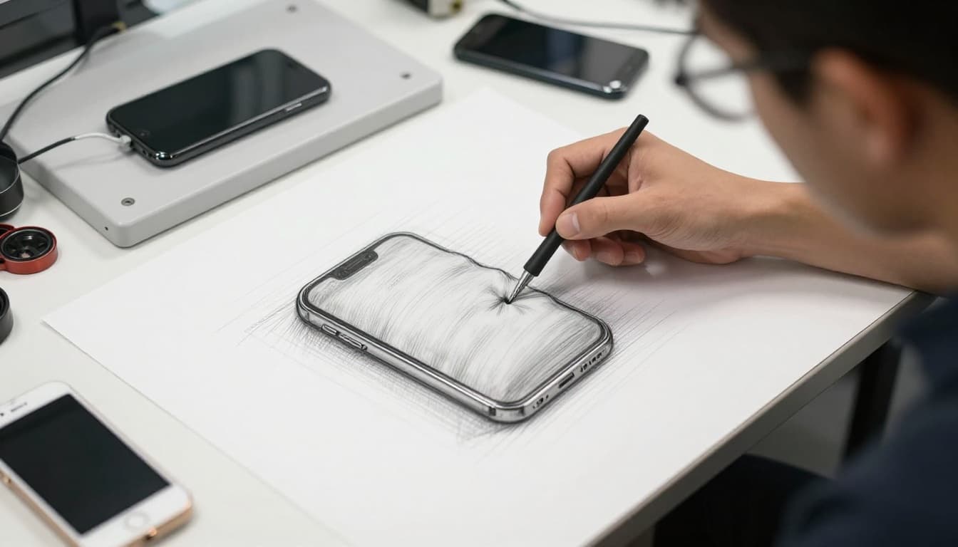 Hand-drawn graphite sketch of a technician dropping a smartphone onto a padded surface in a lab, with other phones on a table undergoing bend tests, surrounded by tools on clean white paper.