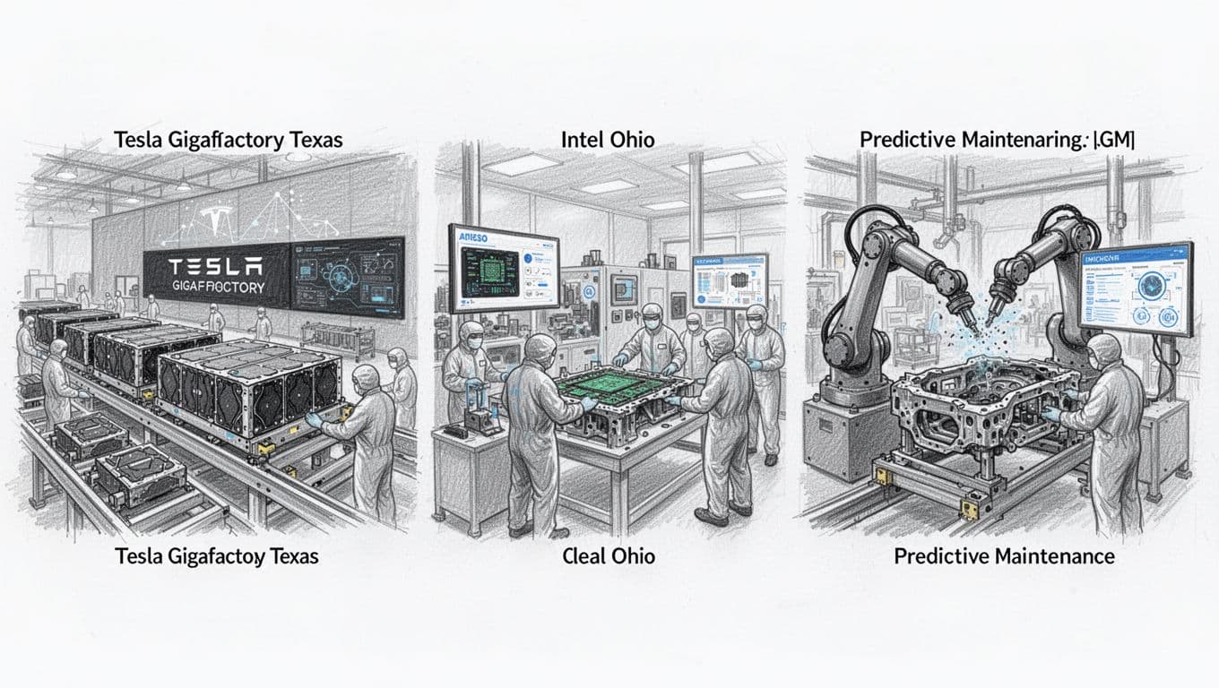 Hand-drawn graphite sketch of three side-by-side factory scenes: Tesla Gigafactory Texas battery assembly with AI screens, Intel Ohio cleanroom chip fabrication, and GM Michigan robotic vehicle assembly with maintenance dashboard.