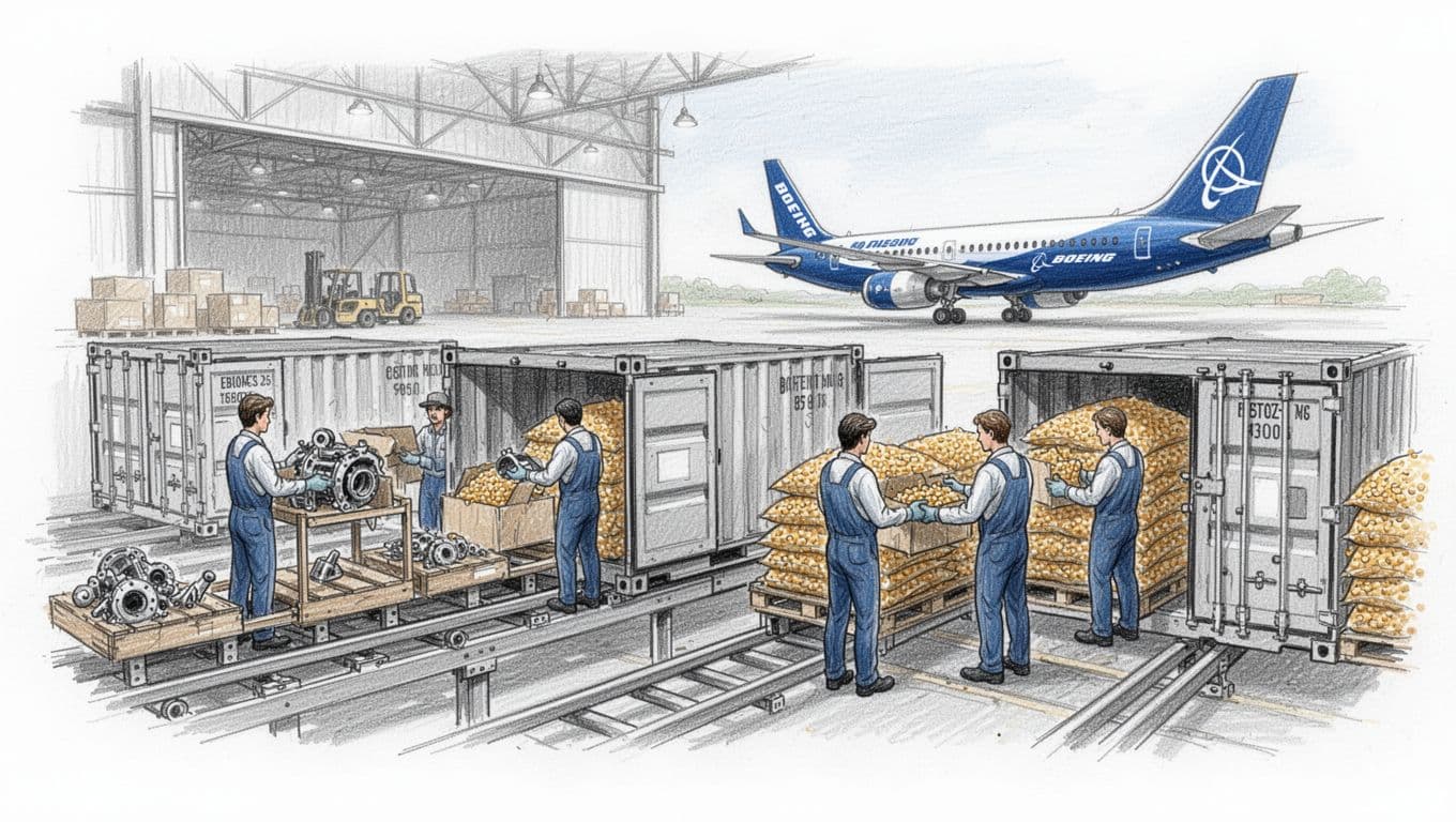 Hand-drawn sketch of US factory assembly line with four workers packing aircraft parts and soybeans into shipping containers, Boeing plane visible outside hangar.