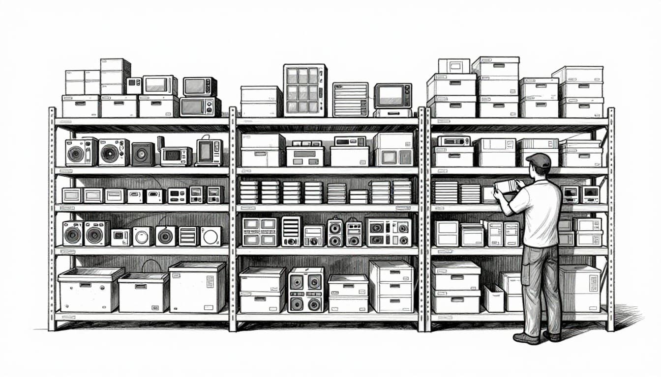 Hand-drawn graphite sketch on white paper showing warehouse shelves in three ABC sections: high-value electronics upfront, medium-value middle, low-value bulk rear; one worker placing item on priority shelf, side view.