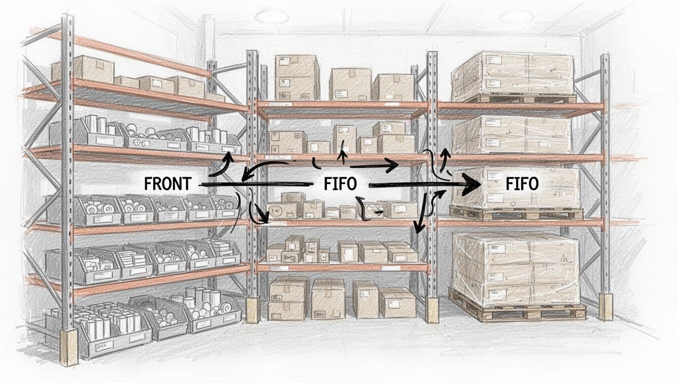 Hand-drawn sketch of warehouse shelves organized by ABC zones: front with small fast-moving items in bins, middle with medium items, back with bulk pallets. Arrows indicate FIFO flow on one shelf, perspective aisle view.