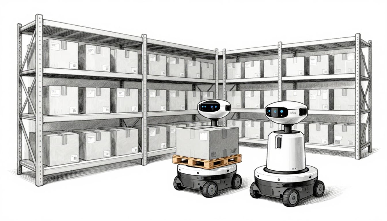 Hand-drawn sketch of a warehouse interior from an overhead angle, showing two autonomous mobile robots (AMRs) moving boxes between neatly stocked shelves, with one robot in the foreground carrying a pallet on a clean white background.