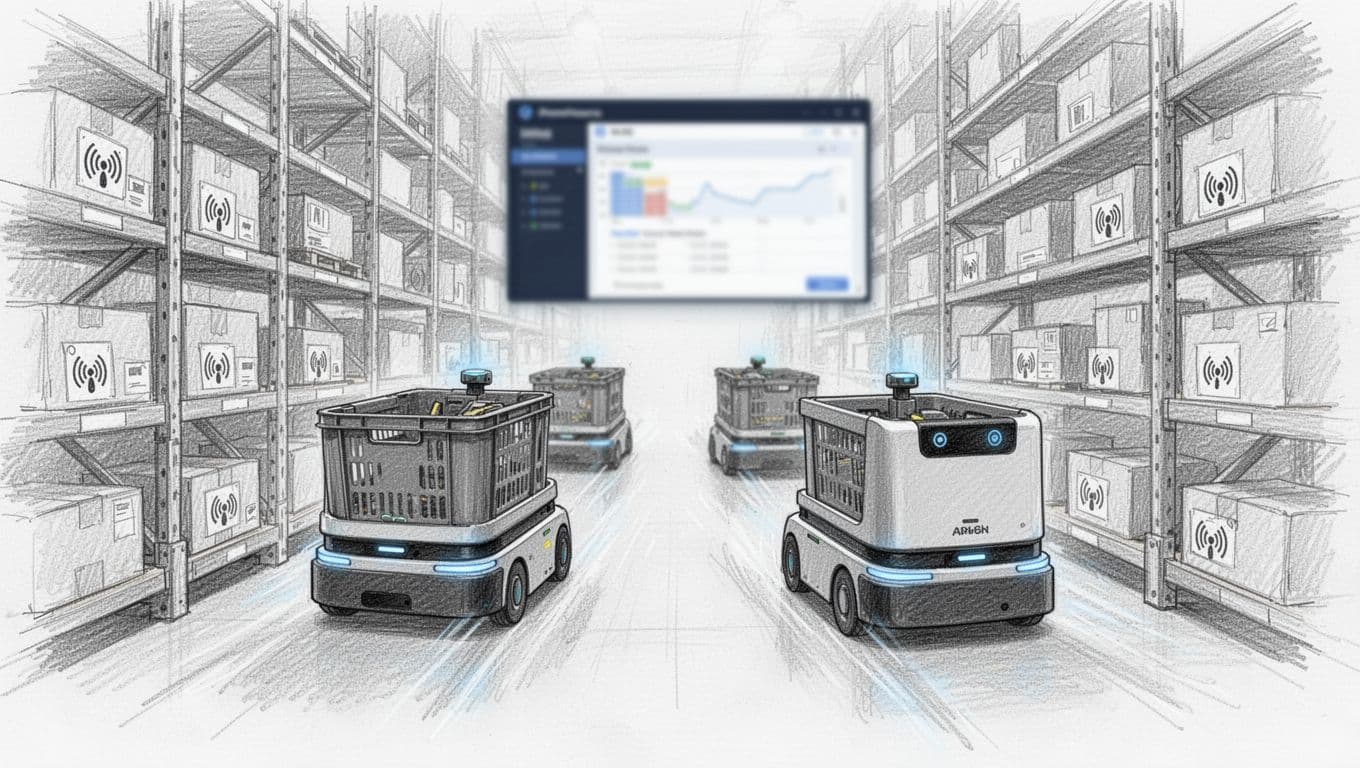 Hand-drawn sketch depicting two autonomous mobile robots (AMRs) navigating warehouse aisles while carrying bins, with a blurred WMS screen and RFID tags on shelves in the background. Features graphite linework, light shading, and dynamic composition on a clean white paper background.