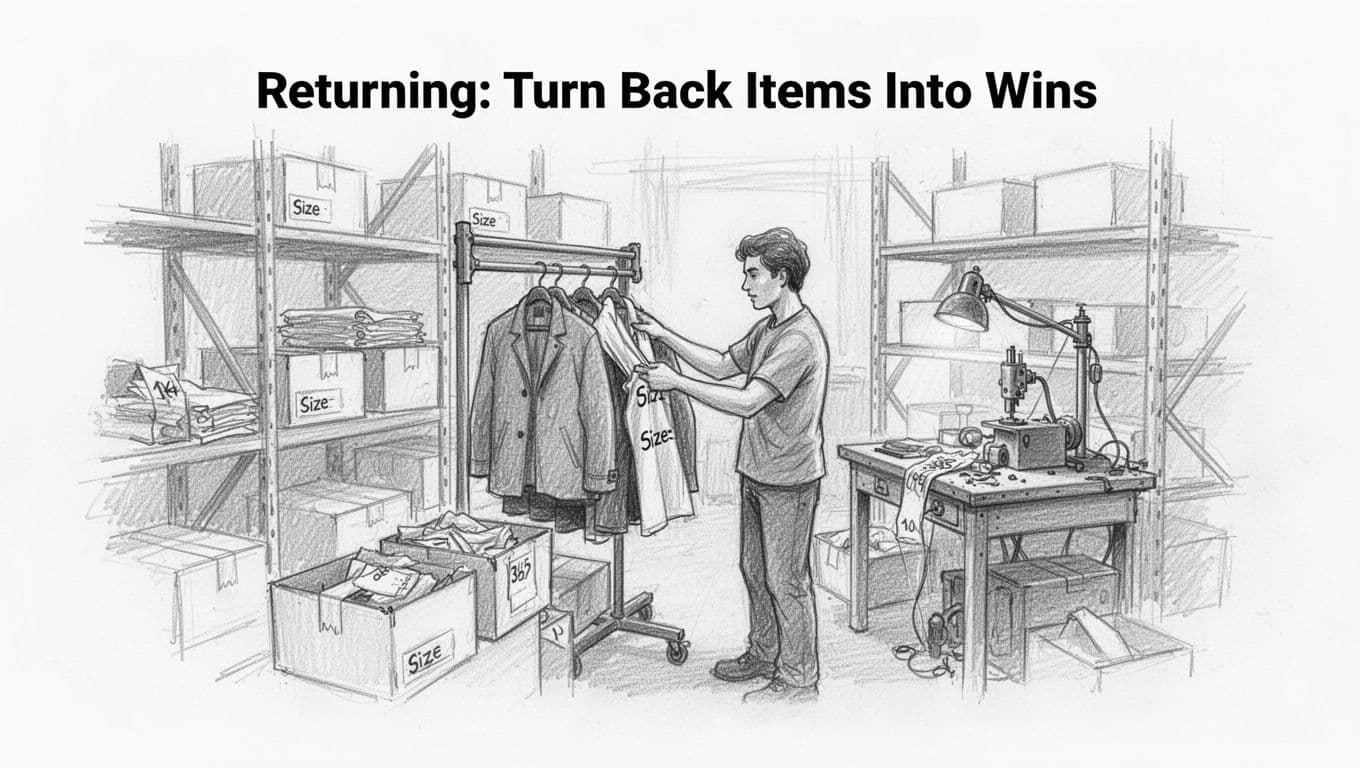 Hand-drawn graphite linework sketch depicting a warehouse scene with one worker inspecting and sorting returned clothing boxes, checking coat sizes near a repair station on a clean white paper background.